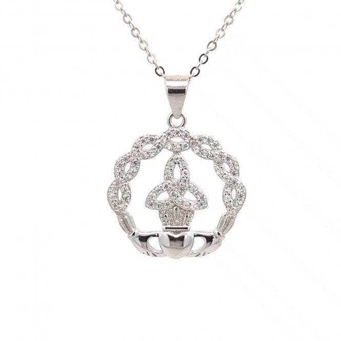 Faith Sterling Silver  CZ Twist Claddagh with Trinity Knot Necklace 1.9 x 1.9cm, 16-18