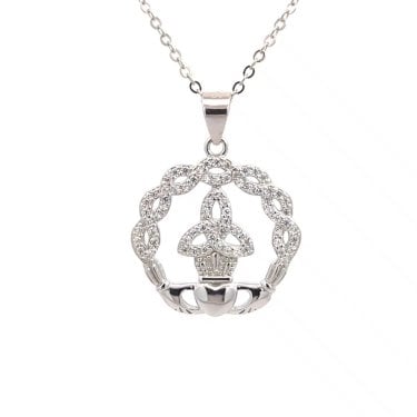 Faith Sterling Silver CZ Twist Claddagh with Trinity Knot Necklace 1.9 x 1.9cm, 16-18"