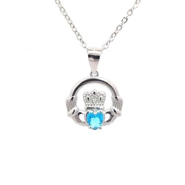 Faith Sterling Silver December Birthstone Claddagh Necklace 1.4 x 1.3cm, 16-18"