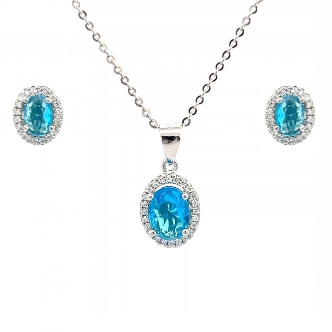 Faith Sterling Silver  December Birthstone CZ Oval Halo Necklace & Earrings Set 0.7 x 0.9cm, 0.9 x 1.1cm 16-18
