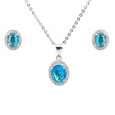 Faith Sterling Silver December Birthstone CZ Oval Halo Necklace & Earrings Set 0.7 x 0.9cm, 0.9 x 1.1cm 16-18"