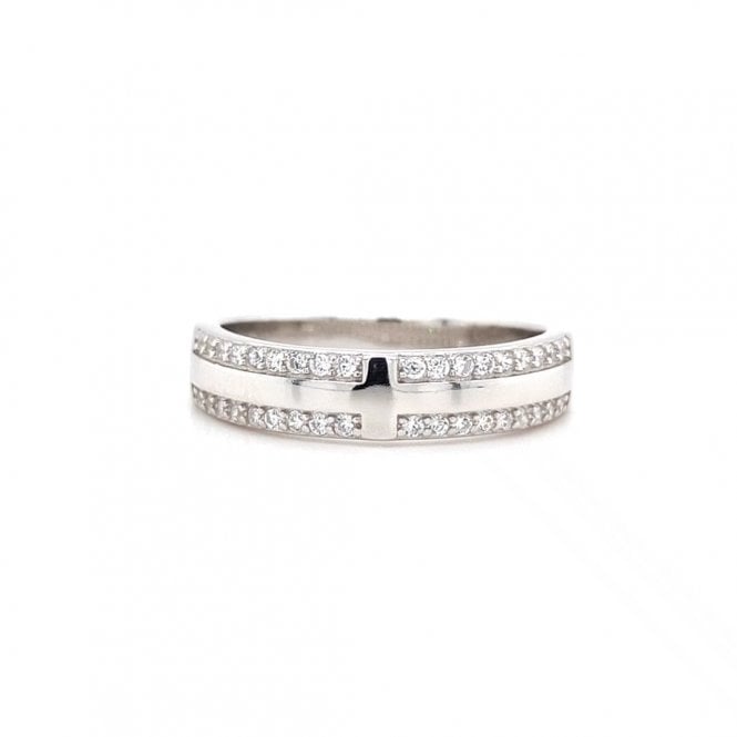 Faith Sterling Silver  Double CZ with Plain Cross Centre Band Ring