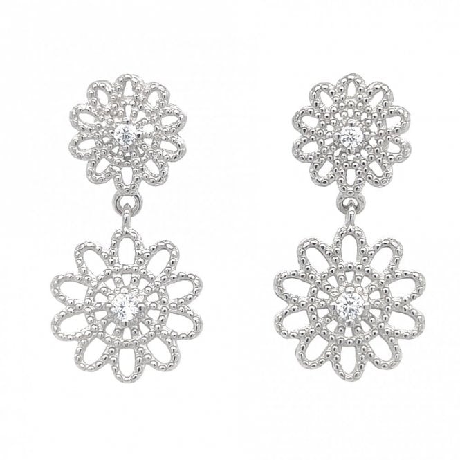 Faith Sterling Silver  Double Open Petal Flowers Drop Earrings 2.2 x 1.2cm 
