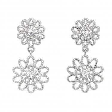 Faith Sterling Silver Double Open Petal Flowers Drop Earrings 2.2 x 1.2cm 