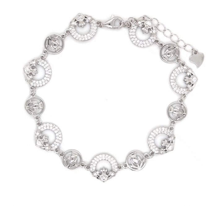Faith Sterling Silver  Double Row CZ Claddagh Bracelet 1cm, 17.5-21cm