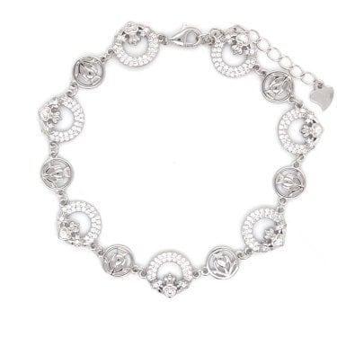 Faith Sterling Silver Double Row CZ Claddagh Bracelet 1cm, 17.5-21cm