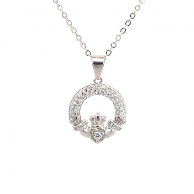 Faith Sterling Silver  Double Row CZ Claddagh Necklace 1.5 x 1.5cm, 16-18