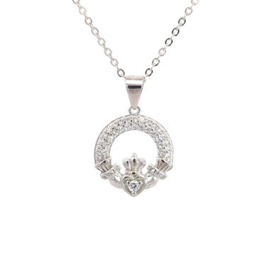 Faith Sterling Silver Double Row CZ Claddagh Necklace 1.5 x 1.5cm, 16-18"