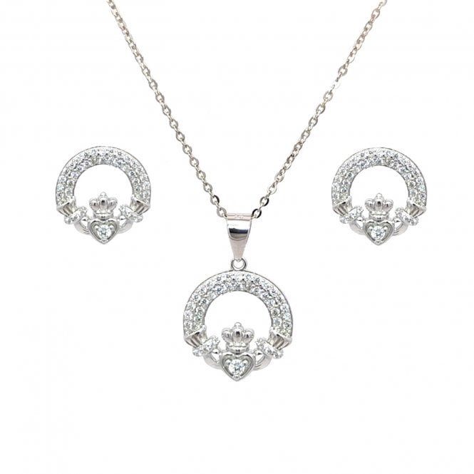 Faith Sterling Silver  Double Row CZ Claddagh Necklace & Earrings Set 1.2 x 1.2cm, 1.5 x 1.5cm, 16-18