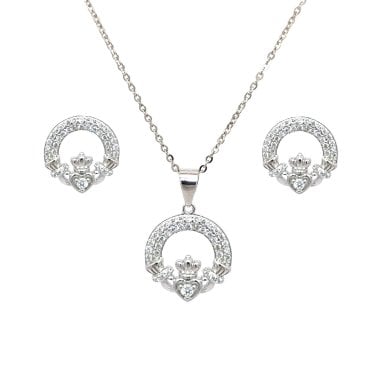 Faith Sterling Silver Double Row CZ Claddagh Necklace & Earrings Set 1.2 x 1.2cm, 1.5 x 1.5cm, 16-18" 