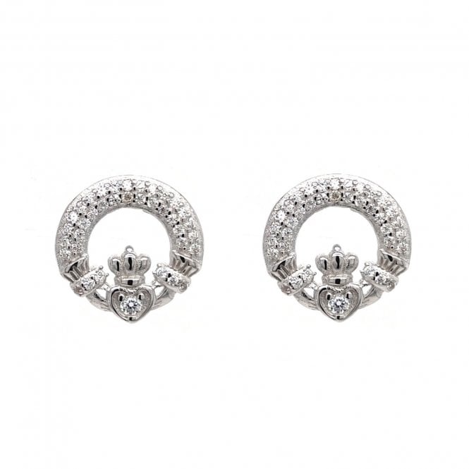 Faith Sterling Silver  Double Row CZ Claddagh Stud Earrings 1.2 x 1.2cm