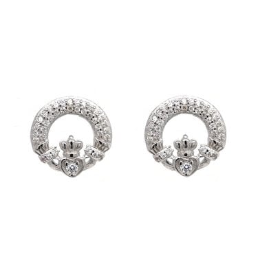 Faith Sterling Silver Double Row CZ Claddagh Stud Earrings 1.2 x 1.2cm