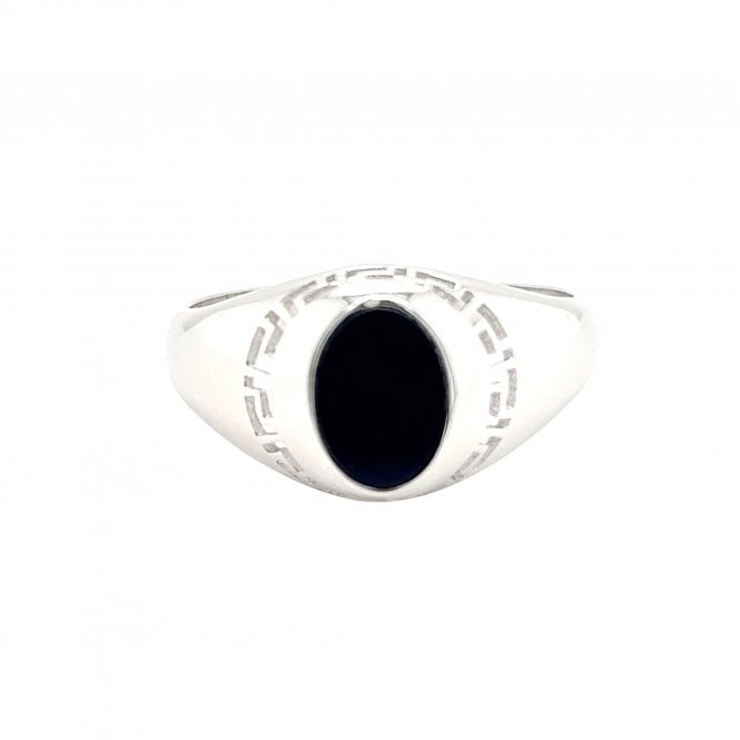 Faith Sterling Silver Faith Gents Sterling Silver Oval Black Stone with Design Signet Ring