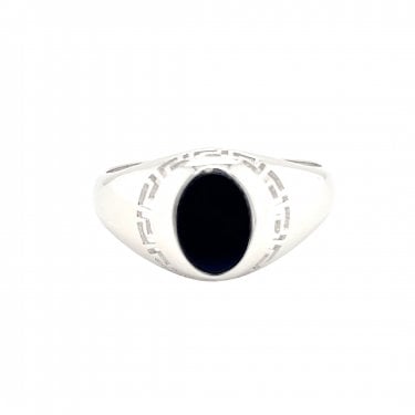 Faith Gents Sterling Silver Oval Black Stone with Design Signet Ring