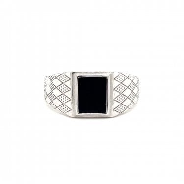 Faith Gents Sterling Silver Square Black Stone with Design Signet Ring