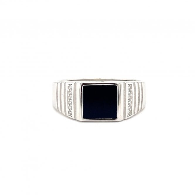 Faith Sterling Silver Faith Gents Sterling Silver Square Black Stone with Grooved Design & CZ Signet Ring