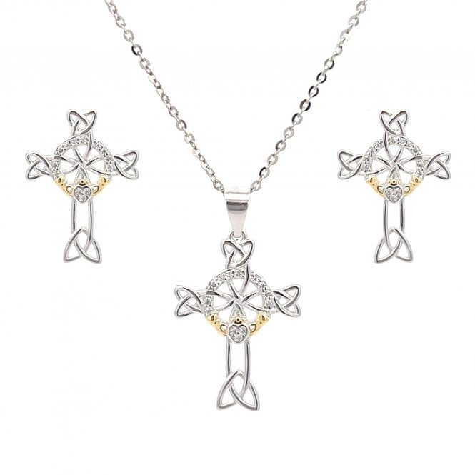 Faith Sterling Silver Faith Yellow Gold Sterling Silver CZ Two Tone Claddagh within Celtic Cross Necklace & Earrings Set 1 x 1.4cm, 1.6 x 2.2cm, 16-18