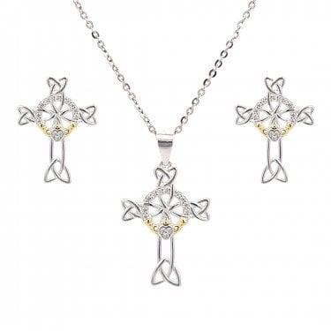 Faith Yellow Gold Sterling Silver CZ Two Tone Claddagh within Celtic Cross Necklace & Earrings Set 1 x 1.4cm, 1.6 x 2.2cm, 16-18"