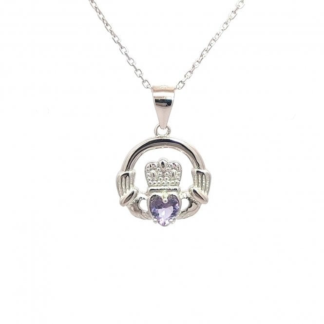 Faith Sterling Silver  February Birthstone Claddagh Necklace 1.4 x 1.3cm, 16-18