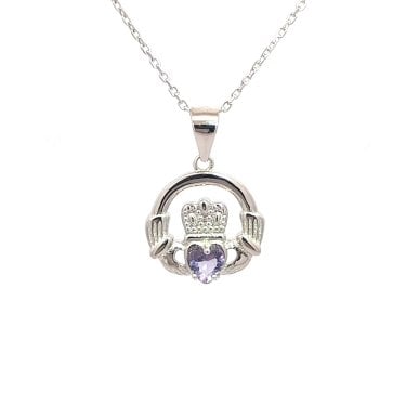Faith Sterling Silver February Birthstone Claddagh Necklace 1.4 x 1.3cm, 16-18"