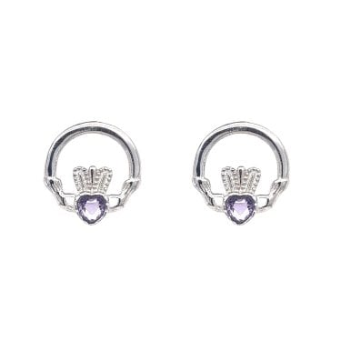 Faith Sterling Silver February Birthstone Claddagh Stud Earrings 1.2 x 1.2cm 