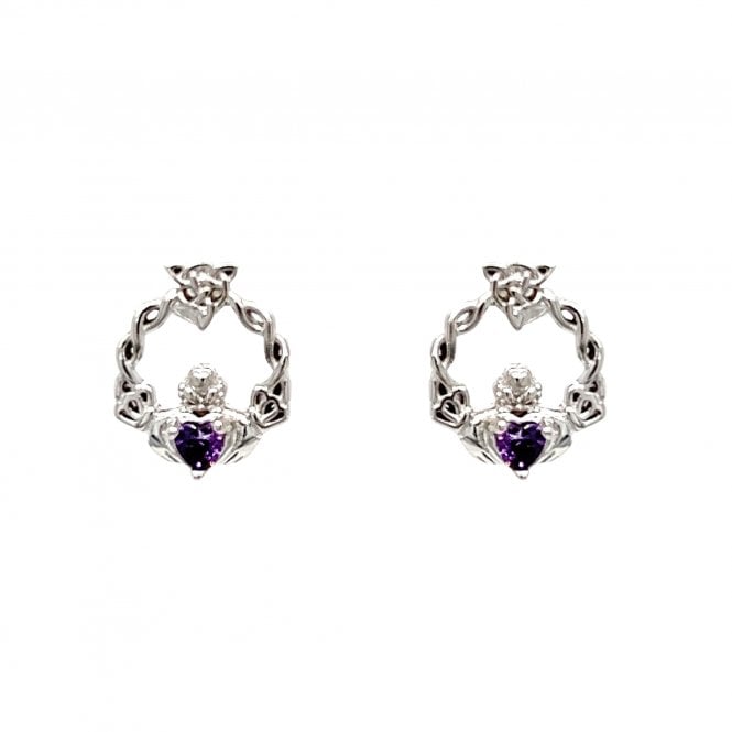 Faith Sterling Silver  February Birthstone Claddagh with Celtic Knot Detail Stud Earrings 0.9 x 1.1cm