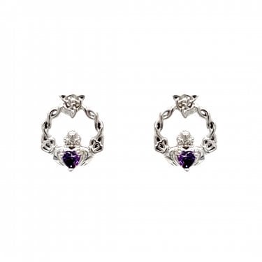 Faith Sterling Silver February Birthstone Claddagh with Celtic Knot Detail Stud Earrings 0.9 x 1.1cm