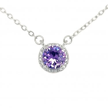Faith Sterling Silver February Birthstone CZ Halo Necklace 0.8 x 0.8cm, 16-18"