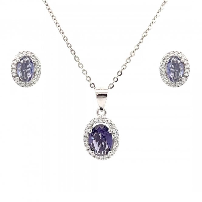 Faith Sterling Silver  February Birthstone CZ Oval Halo Necklace & Earrings Set 0.7 x 0.9cm, 0.9 x 1.1cm 16-18