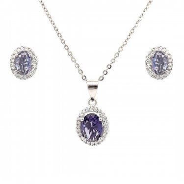Faith Sterling Silver February Birthstone CZ Oval Halo Necklace & Earrings Set 0.7 x 0.9cm, 0.9 x 1.1cm 16-18"