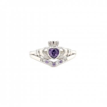 Faith Sterling Silver February Birthstone Wishbone Claddagh Ring