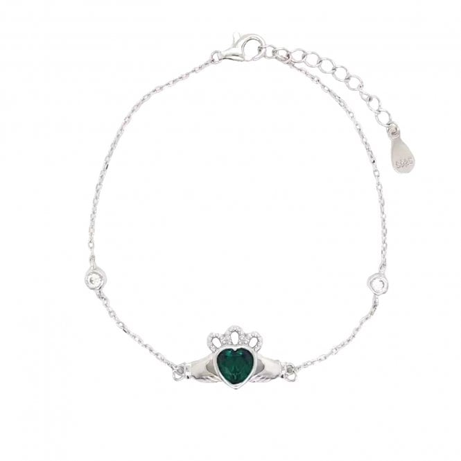 Faith Sterling Silver  Green CZ Claddagh Bracelet 1.8 x 1.1cm, 17cm + 3cm
