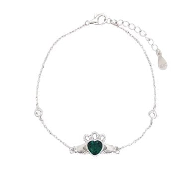 Faith Sterling Silver Green CZ Claddagh Bracelet 1.8 x 1.1cm, 17cm + 3cm