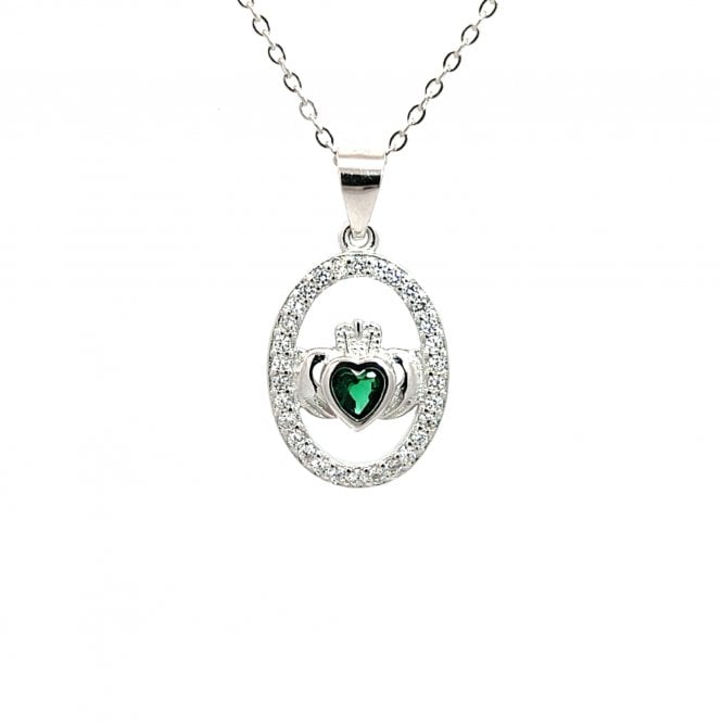 Faith Sterling Silver  Green CZ Claddagh in Oval CZ Halo Surround Necklace 1.2 x 1.7cm, 16-18