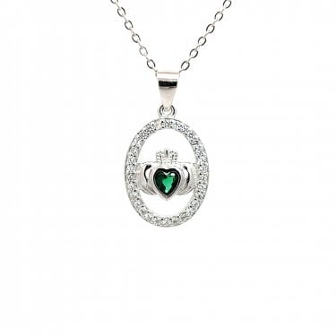 Faith Sterling Silver Green CZ Claddagh in Oval CZ Halo Surround Necklace 1.2 x 1.7cm, 16-18"