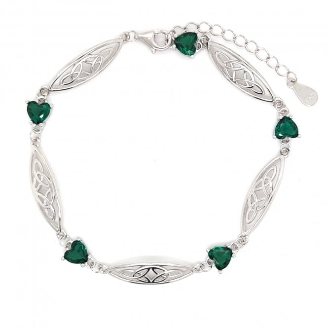 Faith Sterling Silver  Green CZ Hearts Celtic Link Bracelet 0.6cm, 17cm + 3cm