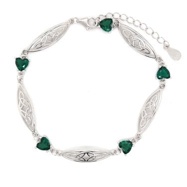 Faith Sterling Silver Green CZ Hearts Celtic Link Bracelet 0.6cm, 17cm + 3cm