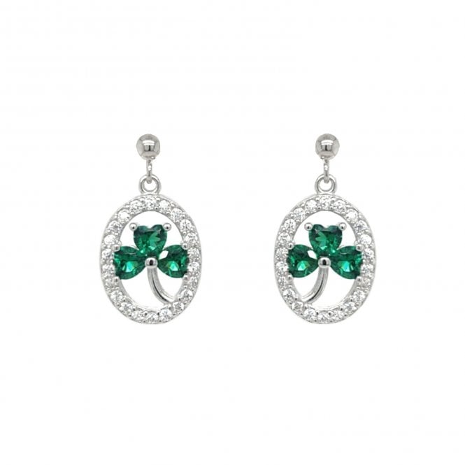 Faith Sterling Silver  Green CZ Shamrock with Halo Surround Drop Earrings 1 x 1.7cm