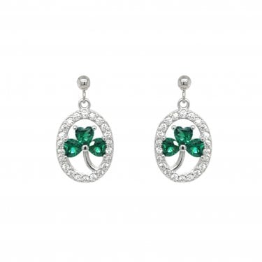 Faith Sterling Silver Green CZ Shamrock with Halo Surround Drop Earrings 1 x 1.7cm