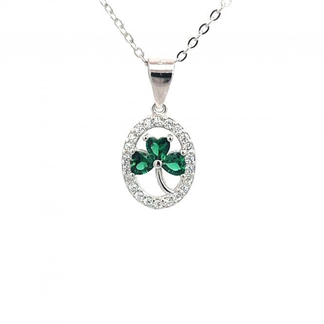 Faith Sterling Silver  Green CZ Shamrock with Halo Surround Necklace 1 x 1.3cm, 16-18