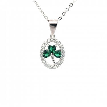 Faith Sterling Silver Green CZ Shamrock with Halo Surround Necklace 1 x 1.3cm, 16-18"