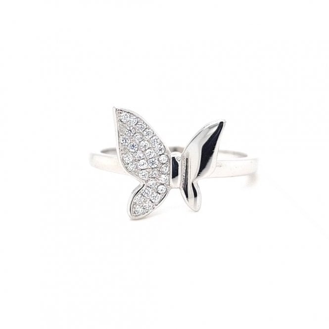Faith Sterling Silver  Half Plain Half CZ Butterfly Ring