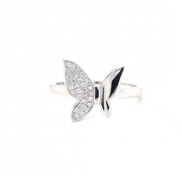Faith Sterling Silver Half Plain Half CZ Butterfly Ring
