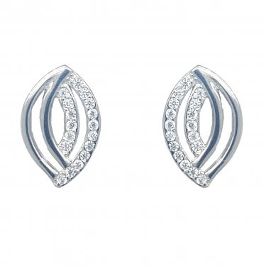 Faith Sterling Silver Half Plain Half CZ Double Teardrop Drop Earrings 0.9 x 1.4cm
