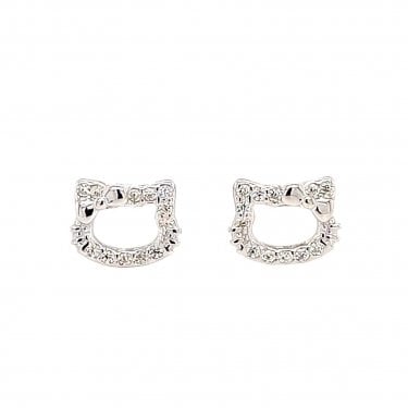 Faith Sterling Silver Hello Kitty CZ Outline with Plain Bow Stud Earrings 0.6 x 0.8cm 