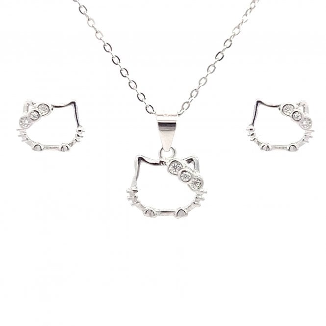 Faith Sterling Silver  Hello Kitty Outline with CZ Bow Necklace & Earrings Set 1 x 0.8cm, 1.1 x 0.9cm, 16-18