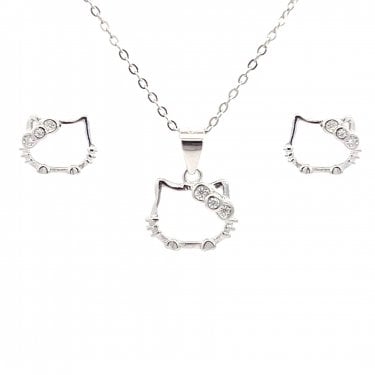 Faith Sterling Silver Hello Kitty Outline with CZ Bow Necklace & Earrings Set 1 x 0.8cm, 1.1 x 0.9cm, 16-18"