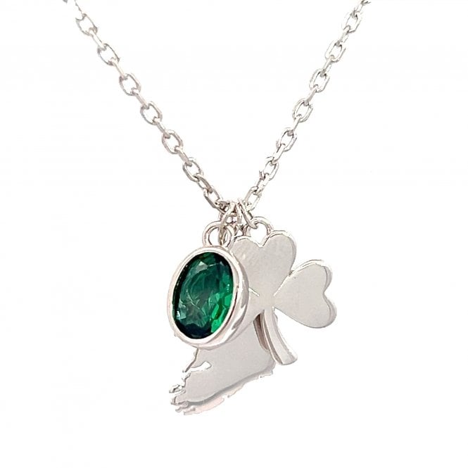 Faith Sterling Silver  Ireland Map with Shamrock & Green CZ Necklace 0.9 x 1.5cm, 1.1 x 1.1cm, 0.6 x 0.8cm, 16-18