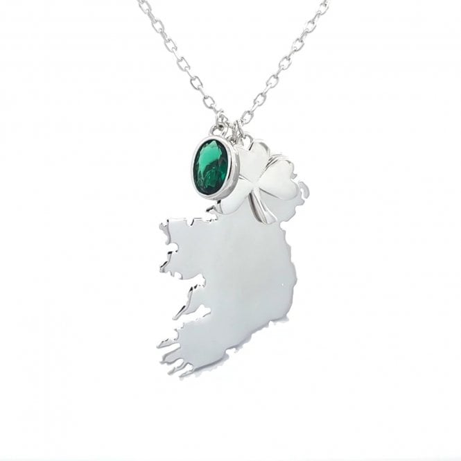 Faith Sterling Silver  Ireland Map with Shamrock & Green CZ Necklace 2 x 2.6cm, 1.2 x 1.1cm, 0.6 x 0.8cm, 16-18