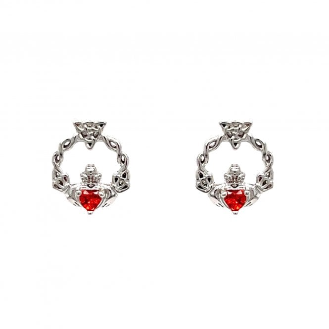 Faith Sterling Silver  January Birthstone Claddagh with Celtic Knot Detail Stud Earrings 0.9 x 1.1cm